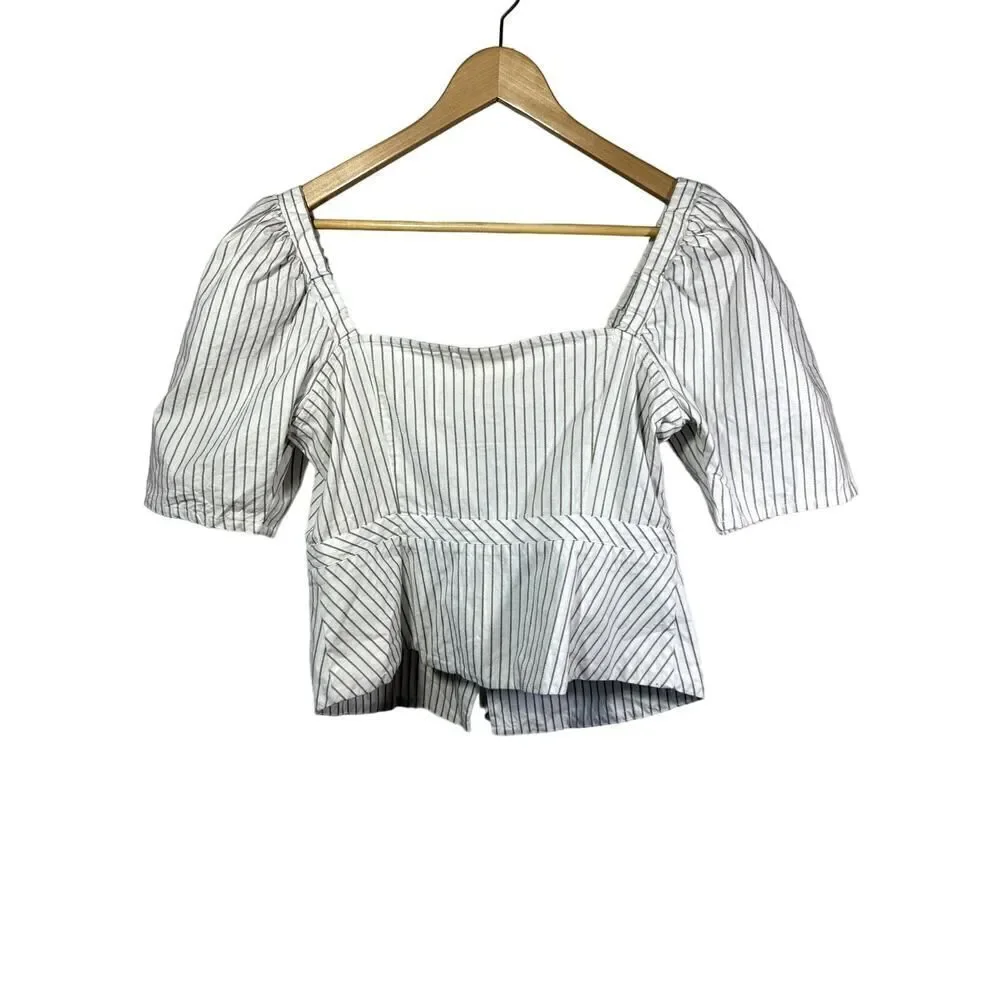 MAEVE ANTHROPOLOGIE Women's Cotton Striped Button Down Peplum Top White Size 10